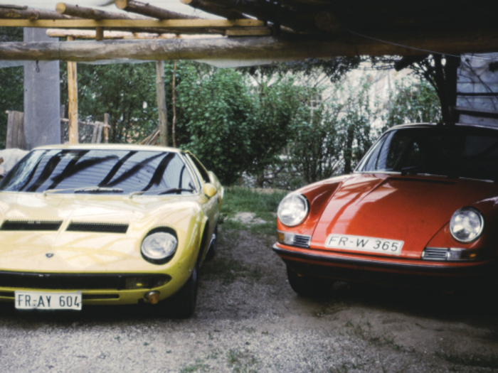 He also owned a couple of Porsche 911s, pictured below on the right of the Lamborghini.