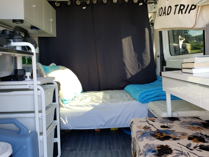 The walls were covered with Ikea pegboards that were screwed into the pre-installed wooden panels that came with the van.