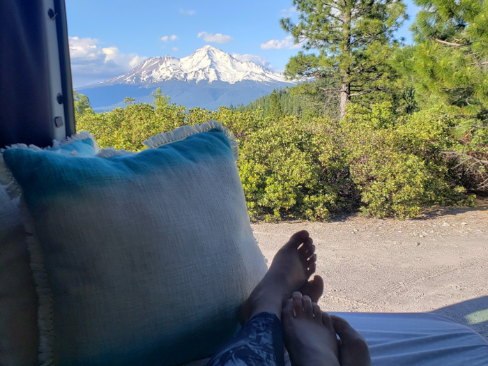 The bed can be easily converted into a couch. Its location at the front of the van means it has the best views through the side and back doors, according to Aquino.