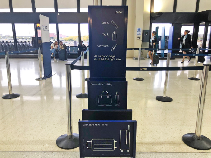 Technically, my bag did fit in the overhead, according to the bag sizers seen here that Porter provided. But the airline staff made the decision to check everyone