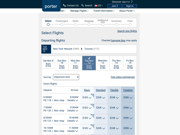 … and found the flight schedule without a problem. When I looked into booking with Porter, I noticed consistent prices for each date and time I was considering.