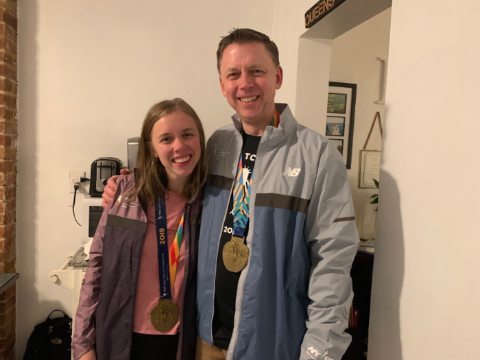 Clean and fed, we sent Chris off to the airport to head back to Chicago. Medal on, of course. At the airport, Chris was greeted with more "congratulations" from other travelers and saw some other runners boarding planes home as well.