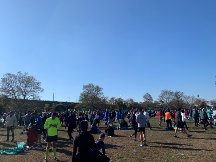 We made our way out to the starting corral around 10 a.m. We saw how other runners had camped out on the ground with sleeping bags and blankets, having arrived early as well.