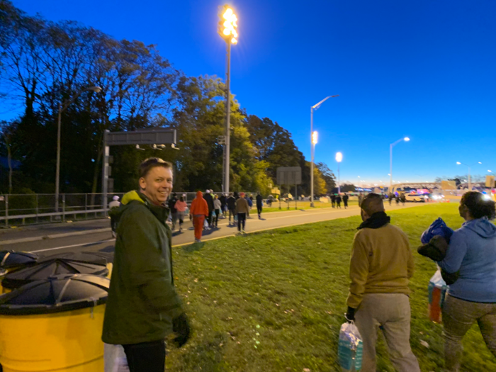 The Verrazzano Bridge that connects Staten Island to Brooklyn was scheduled to close at 7 a.m. to prep for runners, which meant we needed to cross it before then. We pulled into Fort Wadsworth, where the start villages were, around 6 a.m.