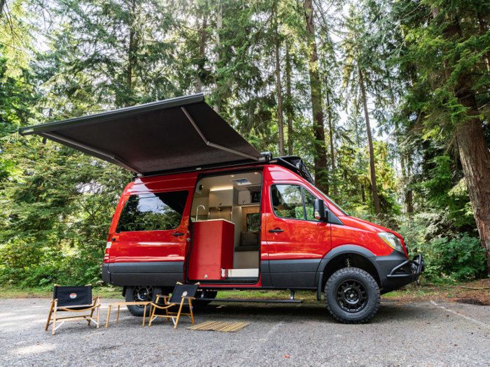 The van comes with a toilet mounted on drawer slides, allowing it to be tucked away when it’s not in use.