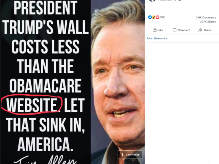 8. "Tim Allen quote Trump’s wall costs less than the Obamacare website"