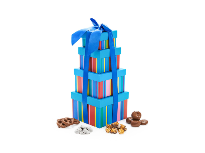 A tower of chocolate snacks and candy