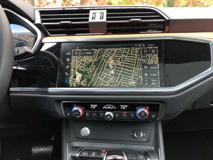 The MMI system with Navigation Plus added $2,000, but it was worth it. The 10.1-inch central touchscreen is responsive and no aspect of the Q3