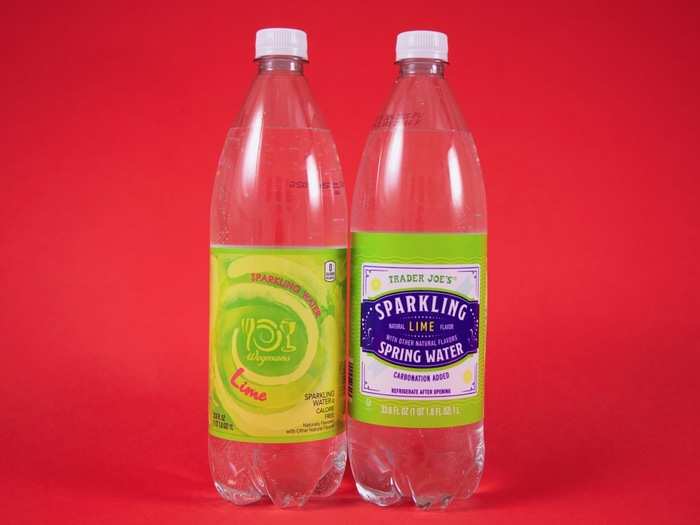 8. SPARKLING WATER — This was the taste test we were most excited about because from the outset, it seemed like the two products were identical. We picked the lime flavor from each store to make the comparison as similar as possible.