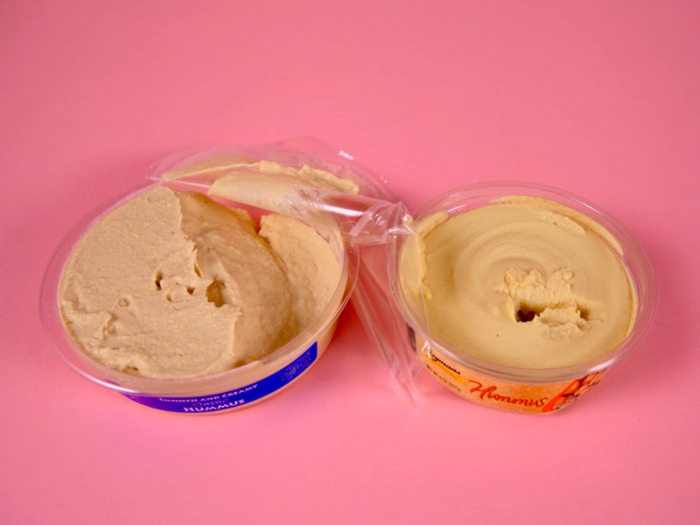 Like the pita chips, the taste and texture of the two brands of hummus were similar. However, the Wegmans hummus was smoother and more compact, while the Trader Joe