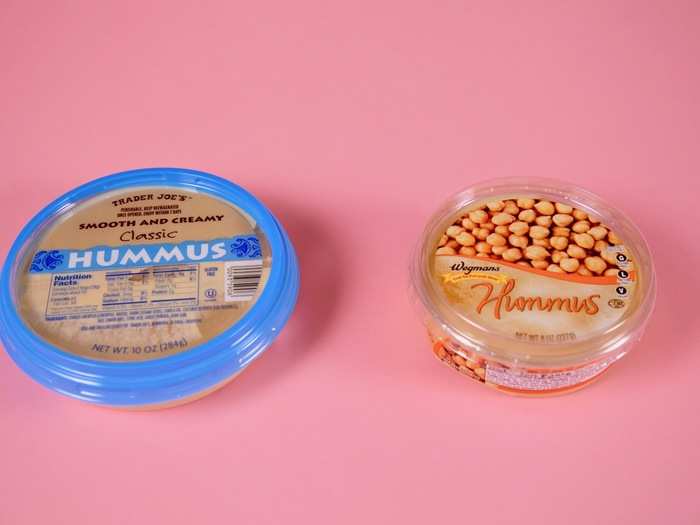 7. HUMMUS — Finding in-house brands of hummus in both stores was easy. We opted for the plain versions from each store.