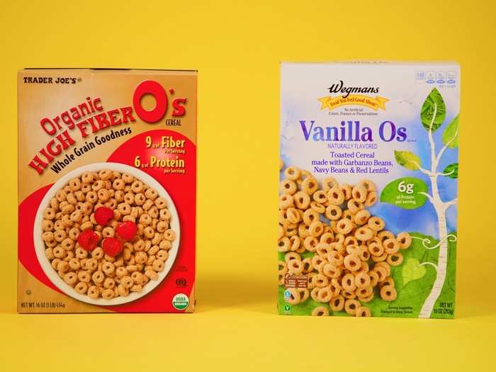 2. CEREAL — It was difficult to find the exact same cereal at both stores, so we settled for two different flavored cereals that were shaped in small Os.