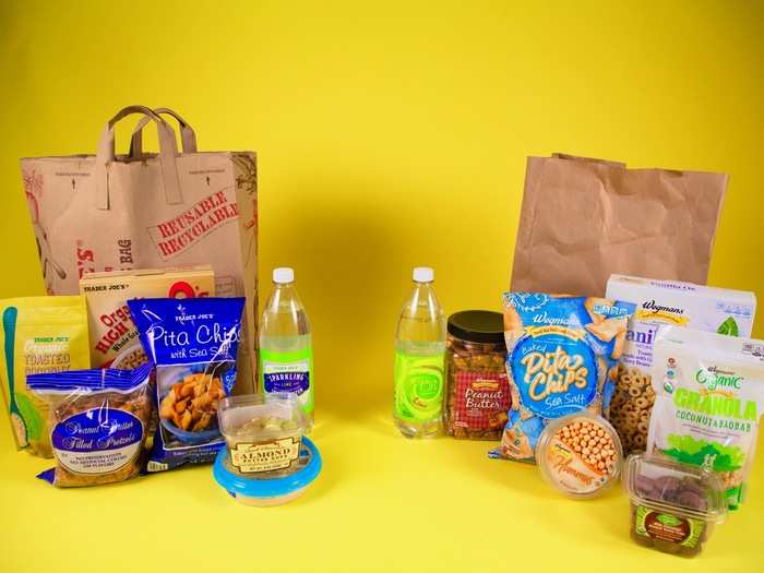 We ending up choosing eight items to compare from each store: Sparkling water, peanut butter pretzels, almond cups, pita chips, hummus, granola, cereal, and orange juice (not pictured). With everything bought, we were ready to begin our taste test.