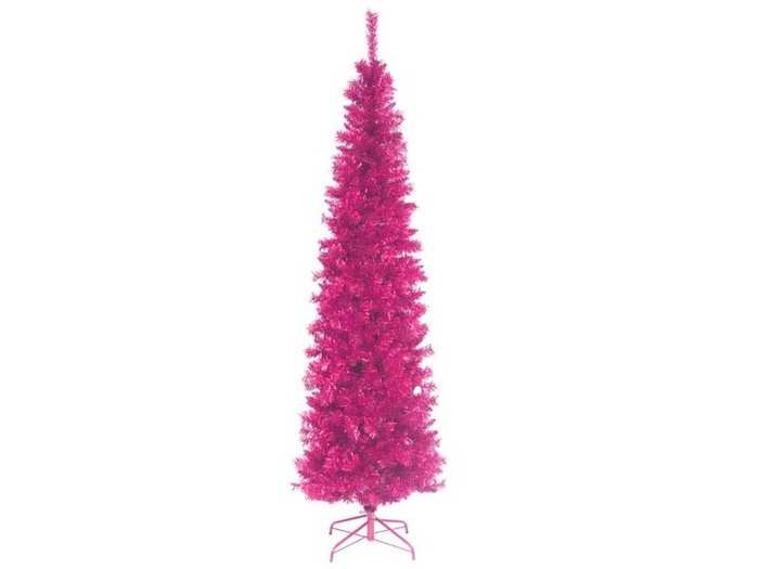 A slim pink tinsel Christmas tree