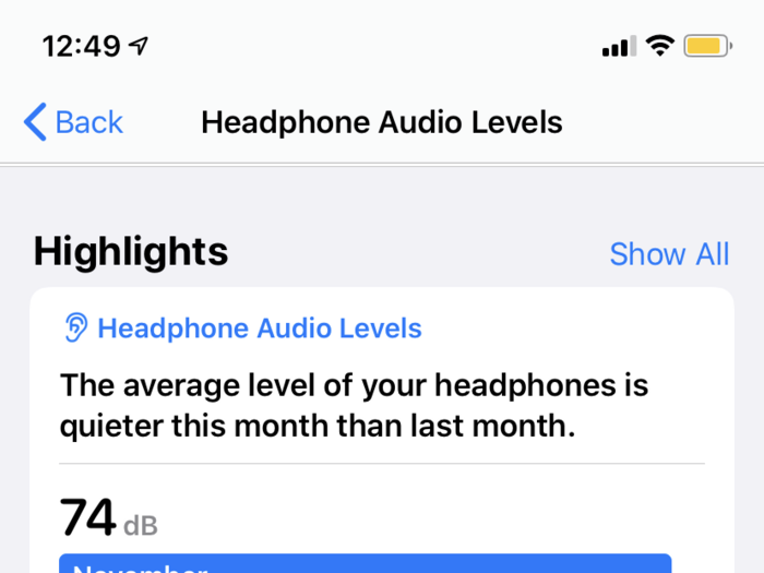 You can compare your own levels in the past. Just open Health, and select "browse" in the lower right corner. Then, tap "hearing."