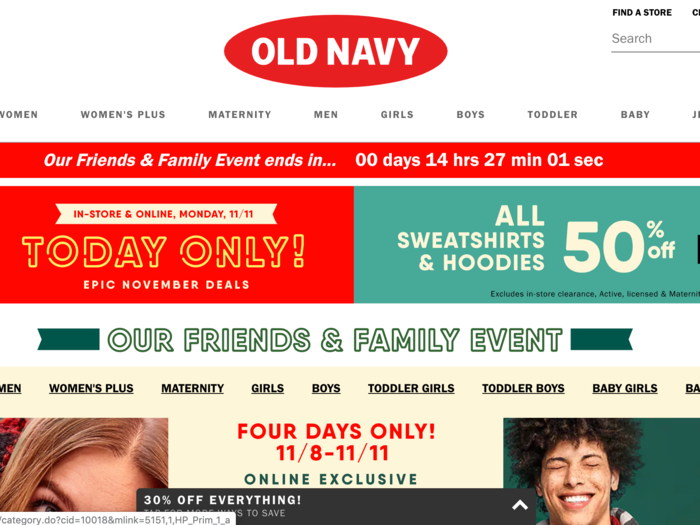 Old Navy is offering 50% off all sweatshirts and hoodies in stores and online.