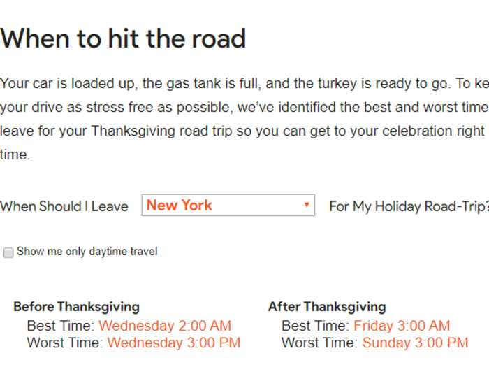 To get the finer details, scroll down to the "When to hit the road" section at bottom of Google