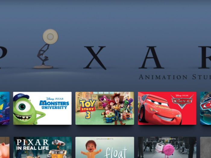 The Pixar section has every Pixar movie and short film, plus the familiar lamp logo.