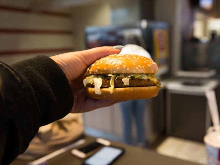 The first thing I noticed was that the burger was extremely saucy. Before I had even taken my first bite, I had made a mess on my tray. Simply attempting to take the burger out of its box left me with ketchup, mustard, and mayo dripping onto my fingers and hands.