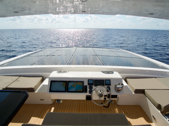 The 55-foot vessel is lined with 30 solar panels that reach 10 kilowatts each.