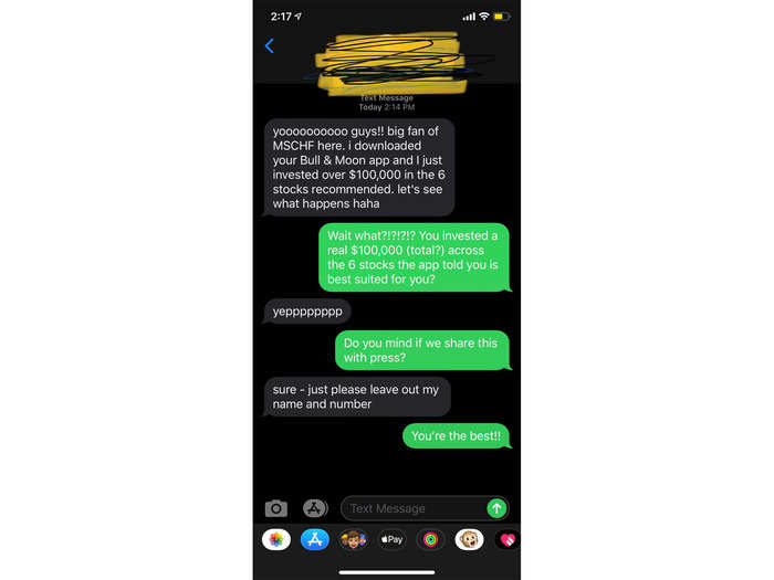 MSCHF, the studio behind Bull & Moon, communicates with its customers over text message. A representative from MSCHF shared this text with Markets Insider: