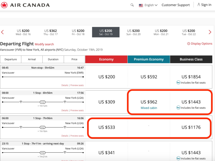 After taking a look at ticket fares for multiple flight options, I found that the business class ticket wasn