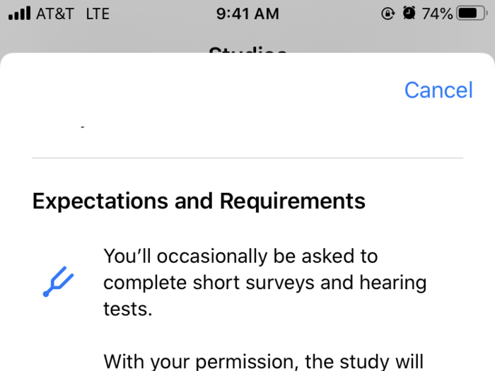 The app lays out the expectations for participating in the study. For the hearing study, most of the data is collected passively, along with periodic surveys and hearing tests.