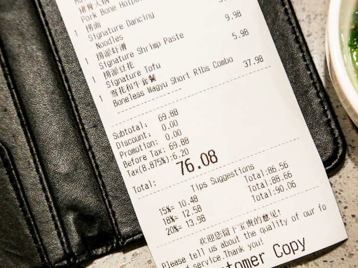 That said, my meal was anything but cheap. My total came to $76.08 before tip, and although my meal had been big enough for two, it was much more than I would usually pay for a lunch out.