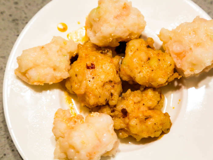 After three and a half minutes, my shrimp paste balls were done. Half were boiled in the spicy "mala" broth with beef tallow and half in the pork bone broth.