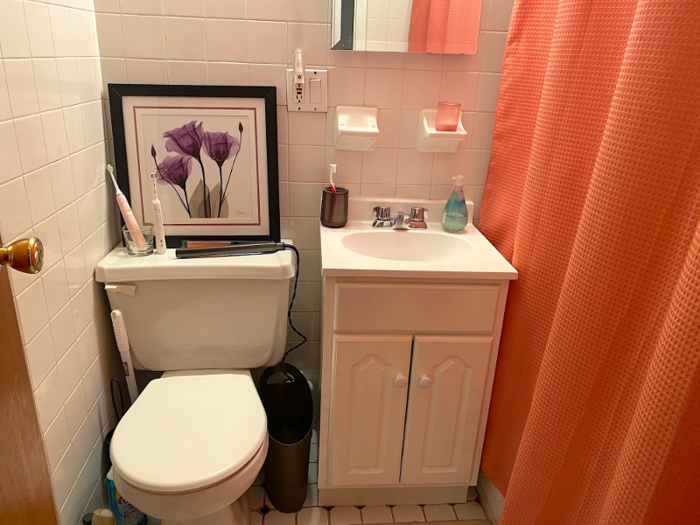 That brings me to the bathroom. My bathroom is basically a square with one cabinet under the sink and one medicine cabinet.