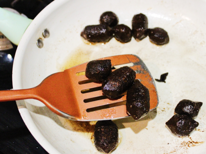 After my timer went off, the gnocchi were crispy on some sides and doughy on others. Against the white pan, it was hard to ignore the fact that they looked like little chocolate turds. I only prayed that the small chocolate dumplings looked better than they tasted.
