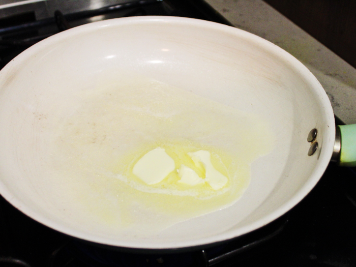 Next, I put two tablespoons of butter into a pan and began to melt it on medium heat. My stove is extremely temperamental and gets hot very quickly, so I had to work fast.