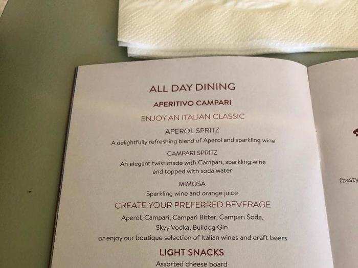 ... And then the full menu, which included snacks, cocktails, breakfast ...