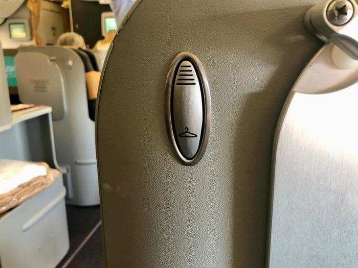 There was also a nifty coat hook. Sometimes in business class, flight attendants can put your coat in a closet up front, but honestly this was more convenient.