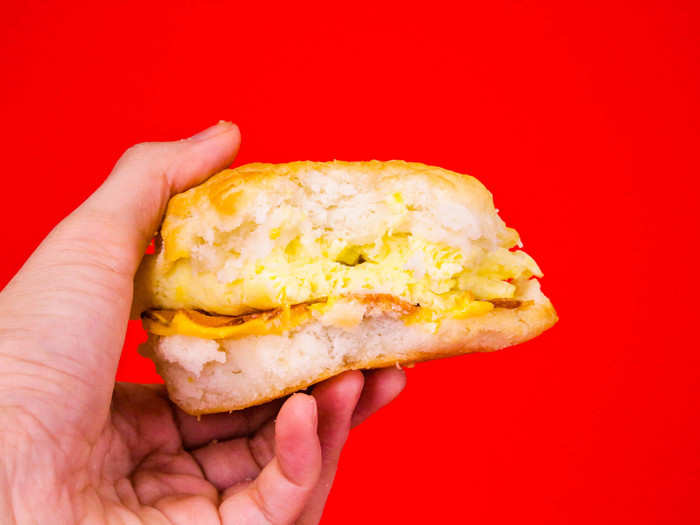 The highlights of this sandwich are the crumbly biscuit and tangy cheese.