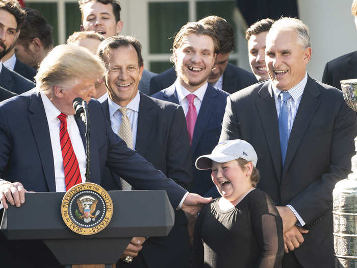 October 15: Trump greets St. Louis Blues superfan Laila Anderson after the hockey team won the Stanley Cup.