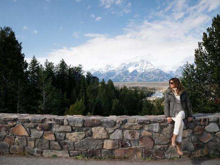 October 4: Melania Trump poses against a backdrop of the Teton Mountains during a trip to Moose, Wyoming.