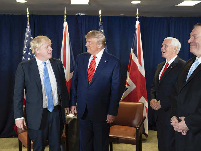 September 24: Trump meets with British Prime Minister Boris Johnson, left, as Pence and Secretary of State Mike Pompeo smile alongside.