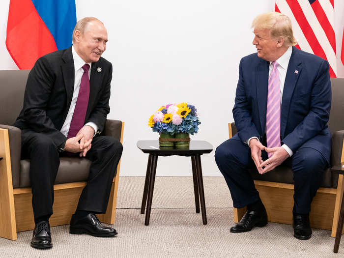 June 28: Trump and Russian President Vladimir Putin smile while meeting at the G20 summit in Japan.