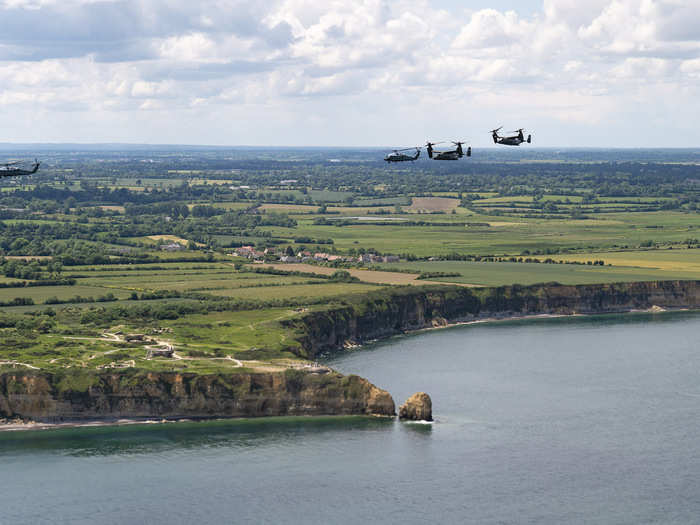 June 6: Marine One flies over the beaches of Normandy after the president celebrated the 75th anniversary of the D-Day invasion.