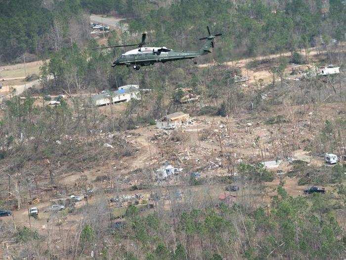 March 8: Trump tours tornado-ravaged Alabama in Marine One.