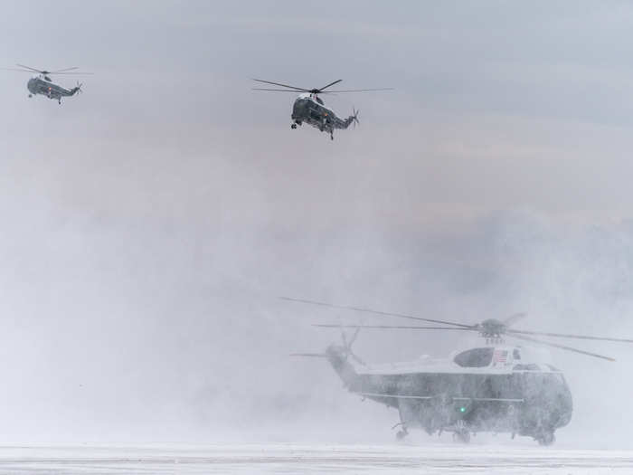 February 1: Amid a flurry of snow, Marine One lands at Joint Base Andrews so that the first family may take Air Force One to their private club in Florida, Mar-a-Lago.