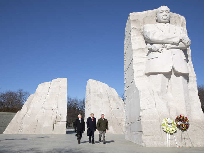 January 21: On Martin Luther King Day, Trump (center) visited the MLK Memorial in Washington, D.C. to present a wreath. He was joined by Vice President Mike Pence (left).