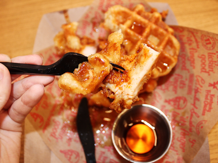 Once the sandwich was drenched in gooey syrup, we decided to switch to a knife and fork. This allowed us more control over the chicken, waffle, and syrup ratio. Every bite was just as delicious as the last, alternating between notes of sweet, savory, and spicy.