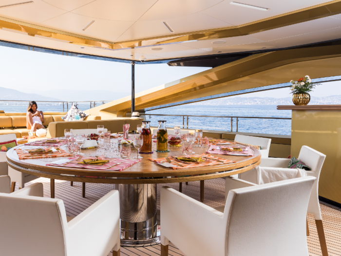 The yacht comes with plenty of toys, including a custom 7-meter matching gold tender, a jetpack, a hoverboard, jet skis, kayaks, paddle board, inflatables, and a wake board. There is also a sunken pool, and a three-person sun pad.