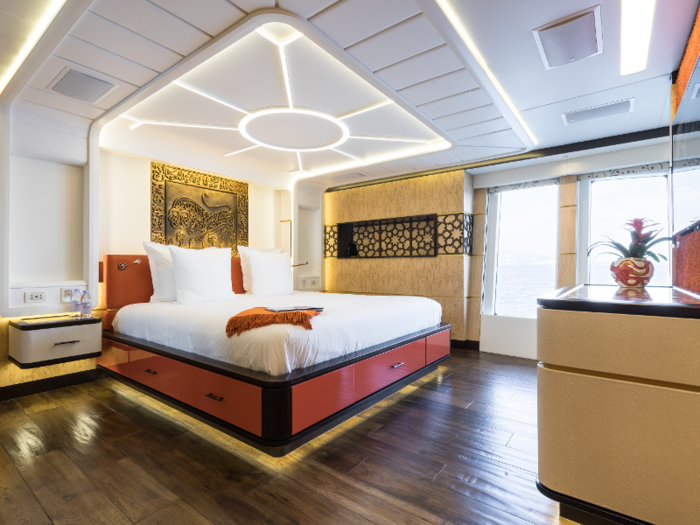 The interiors, designed by the team at Palmer Johnson, are said to mix "contemporary chic" with "Asian influence." And, with five bedrooms — including two master suites — the yacht can house 11 people, in addition to a nine-person crew.