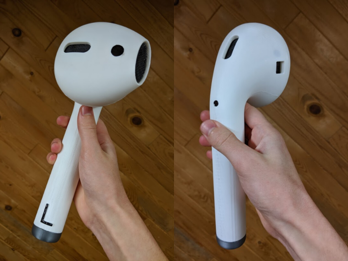 Aside from using a 3D printer to construct the AirPods speaker surface model, Beckman used paint to draw on the "L" and black dots, and window screen to create the mesh look of the speaker inside the AirPod.