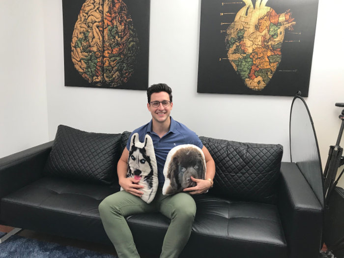 While Dan set up to shoot, Mike showed us some of the gifts his fans and YouTube had sent him, like these pillows of his dogs Roxy and Bear.