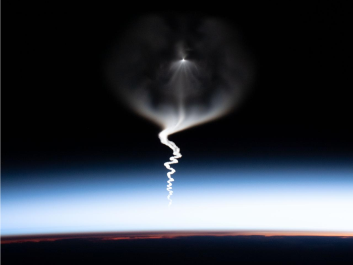 Human activities can seem artistic from above, too — like this launch of a Russian spacecraft.