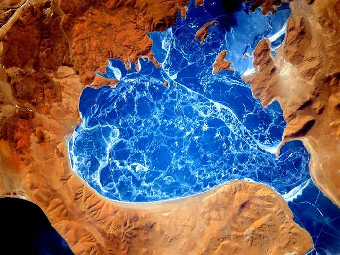 This frozen lake in the Himalayas reveals a different kind of blue oasis.